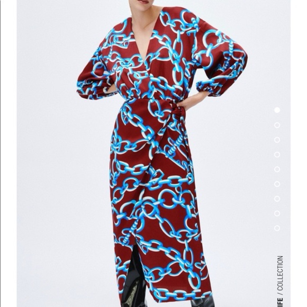 Zara Silky Chain Print V-Neck Dress XS